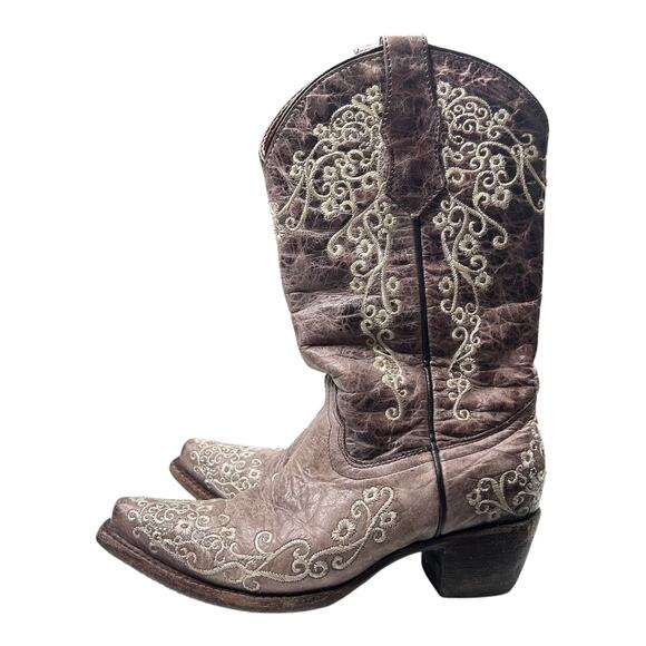 Corral Teens Brown Crater Embroidered Western Boots Square Toe Size 2 - Picture 2 of 11